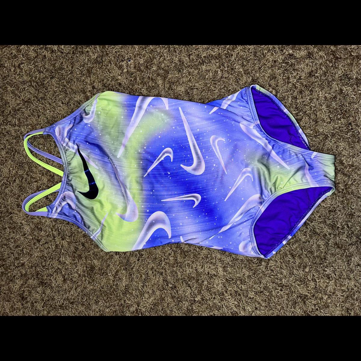 Nike Girls Spiderback Swimsuit One Piece Aurora Purple Swoosh Print